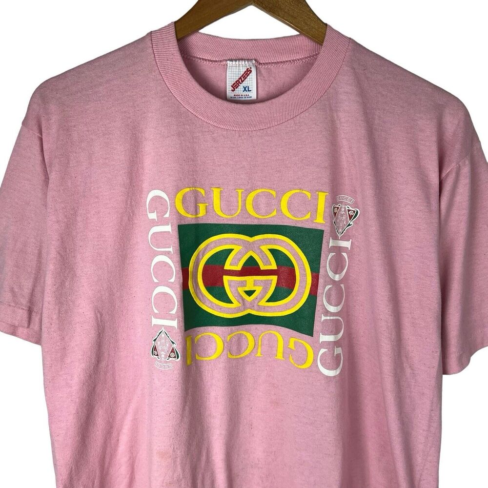 VTG 90s Jerzees Gucci Mens Sz XL Shirt USA Made Boot Classic Logo Pink Designer